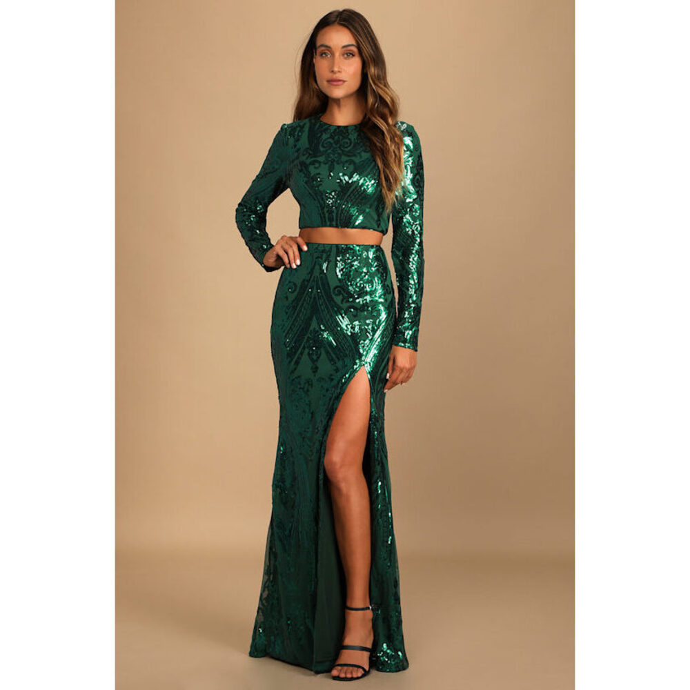 Lulus Luxe Aesthetic Green Sequin Long Sleeve Two-piece Maxi Dress - Size S